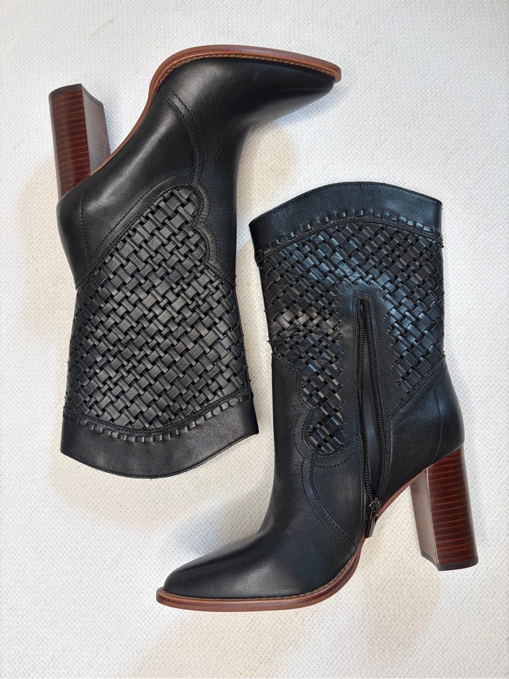 Black Woven Leather Vince Camuto Mid-Calf Block Heel Boots